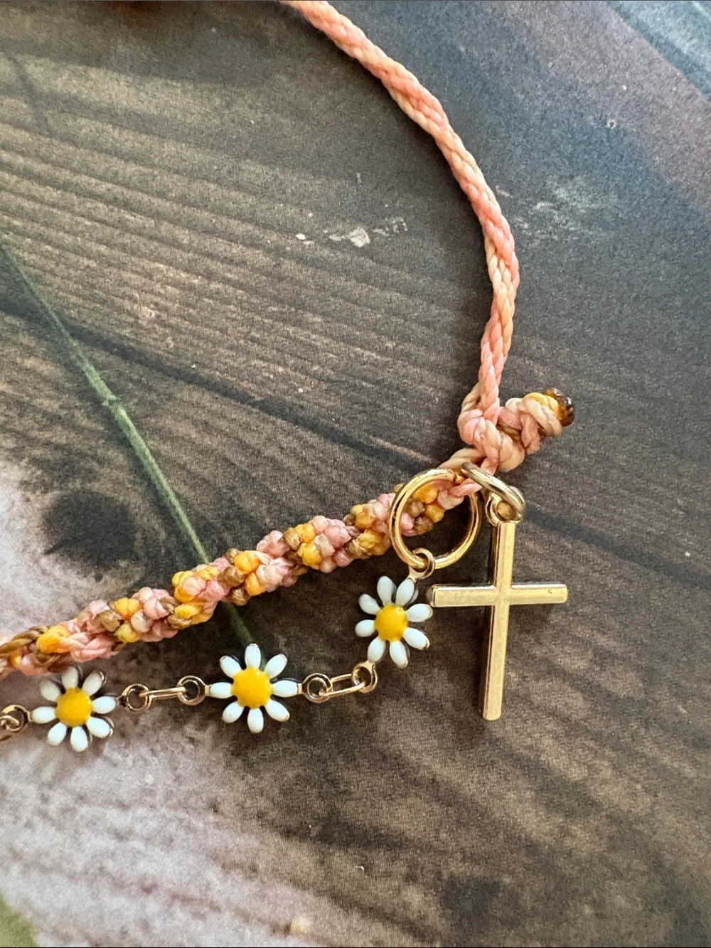 Handcrafted Adjustable Beach Boho Wax String Bracelet with Daisy & Cross Charms